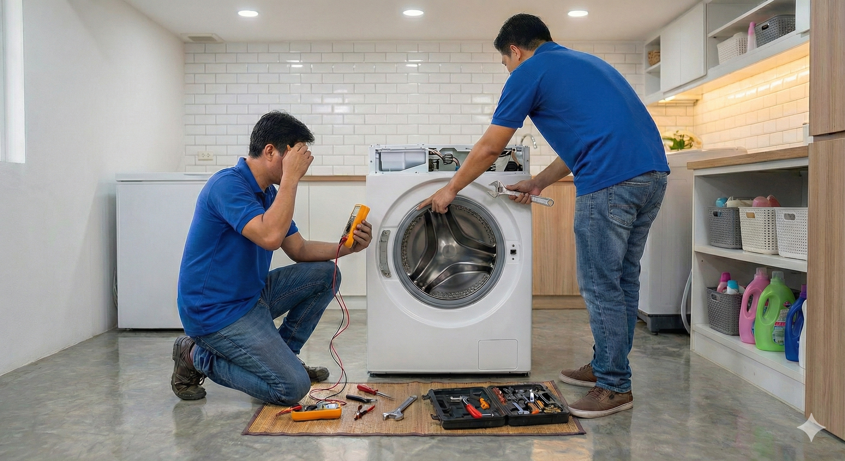 Technicians repairing a washing machine